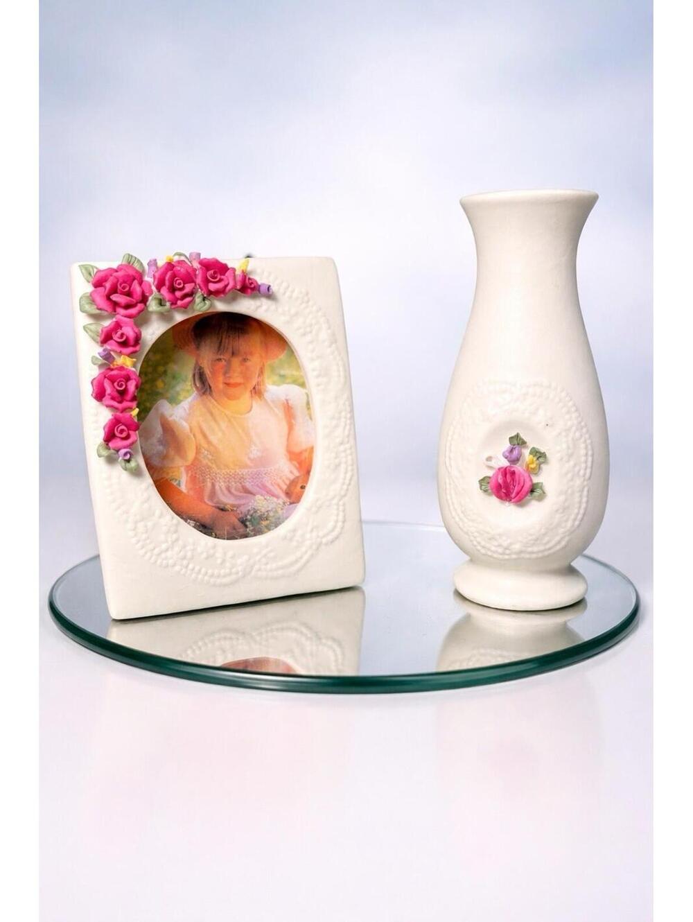 NIB Chadwick Miller 1997 Hand Painted Floral Frame And Vase Porcelain Set